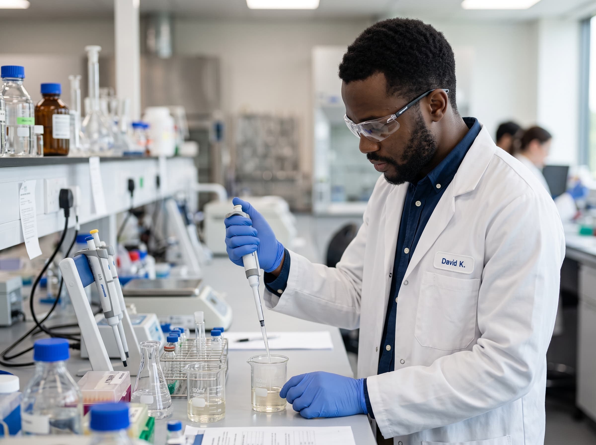 Technician pipetting a sample during quality control testing